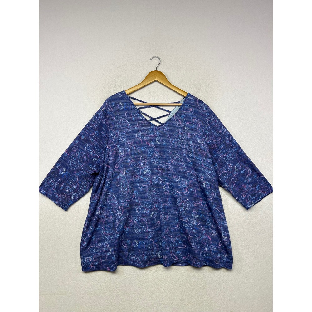 Boho Paisley Catherines Womens 2X Blue Strappy V-Neck 3/4 Sleeve Tunic Top